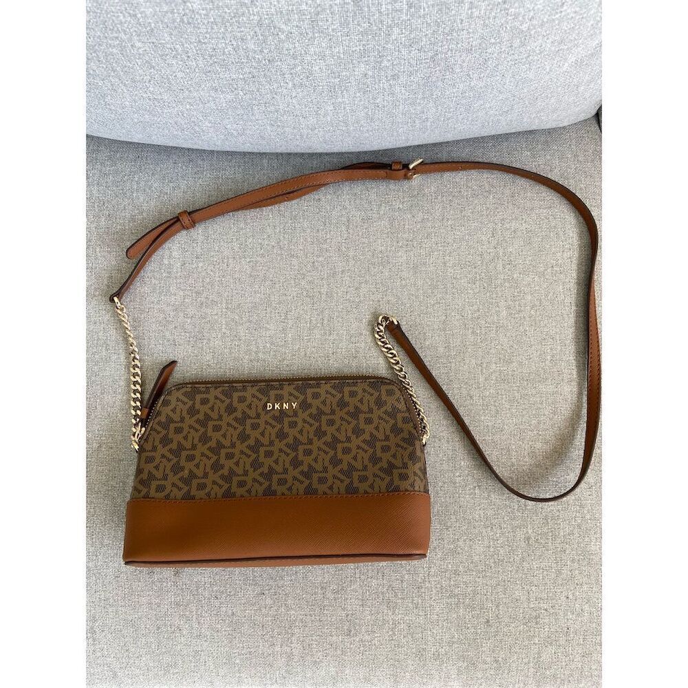 DKNY Bryant Park Dome Crossbody Bag Brown Gold Chain Detail Small